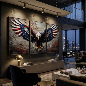 American Bald Eagle Wall Art Triptych | USA Flag Wings Patriotic Canvas/Poster Print Set on Rustic Brick Background | 4th of July Home Decor