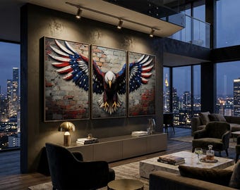 American Bald Eagle Wall Art Triptych | USA Flag Wings Patriotic Canvas/Poster Print Set on Rustic Brick Background | 4th of July Home Decor