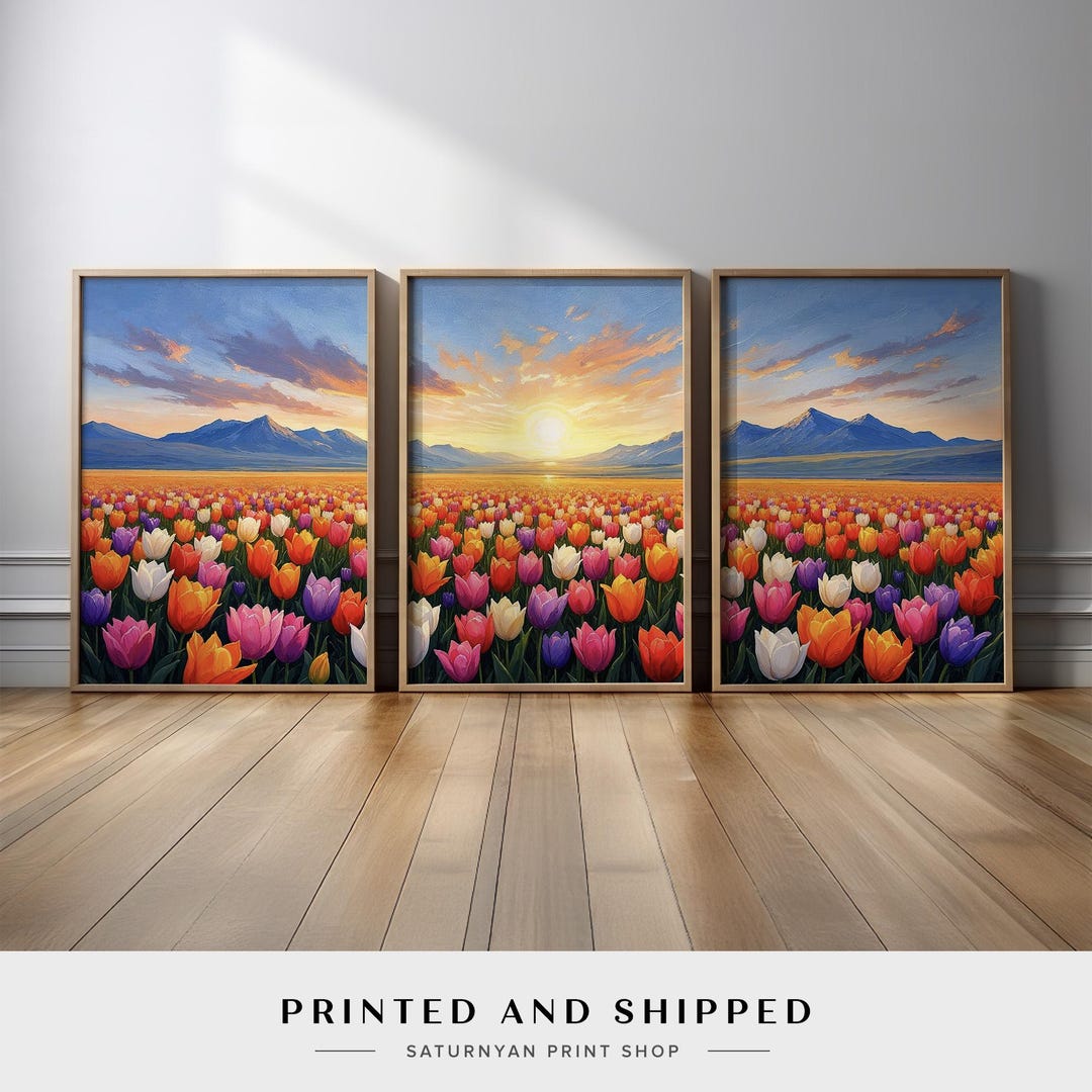 Tulip Field Sunset Canvas Print Triptych | Set of 3 Wall Art With ...