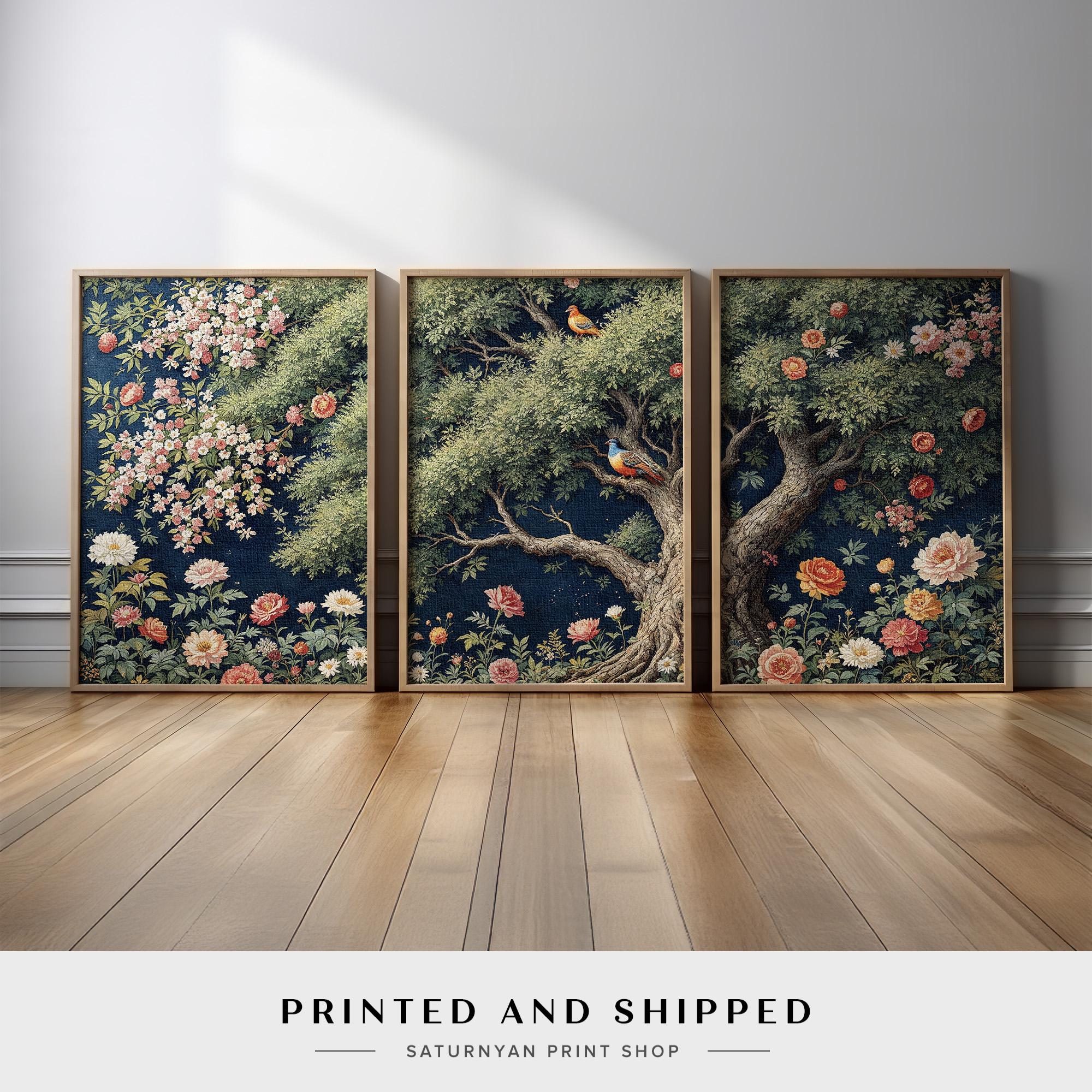 Vintage Chinoiserie Wall Art Set of 3 | Botanical Floral Tree and Birds ...