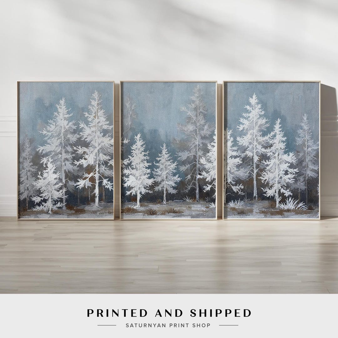 Snowy Landscape Wall Art Set of 3 | White Pine Tree Triptych Canvas ...