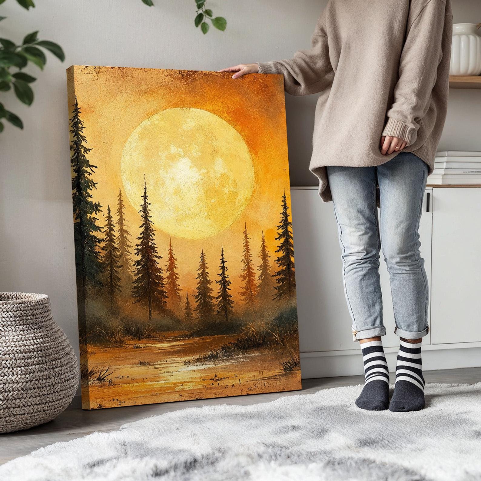Moonlit Forest Wall Art Set of 3 | Golden Night Landscape Canvas Prints ...