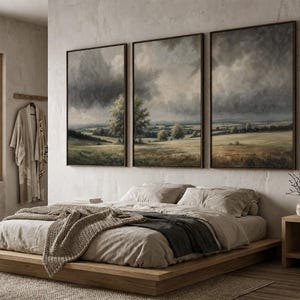 Vintage Countryside Landscape Wall Art | Set of 3 Canvas Prints with Sky and Fields | Rustic Decor for Modern Interiors