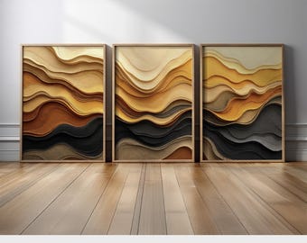 Modern Abstract Wall Art Triptych | Earth Tones in Beige, Black, and Gold, Flowing Wave Canvas Prints Set for Contemporary Home Interiors