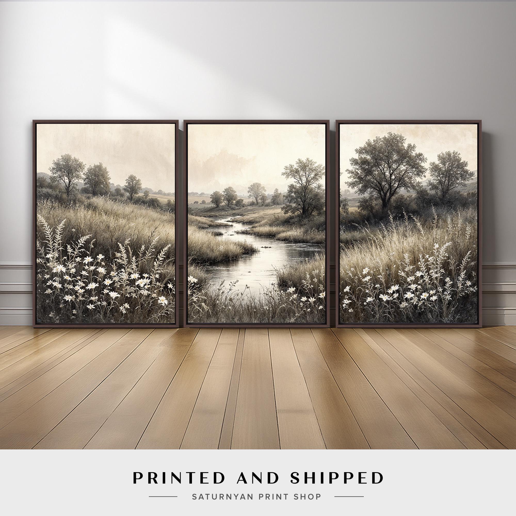 Neutral Wildflowers Landscape Wall Art Set of 3 | Rustic Countryside ...