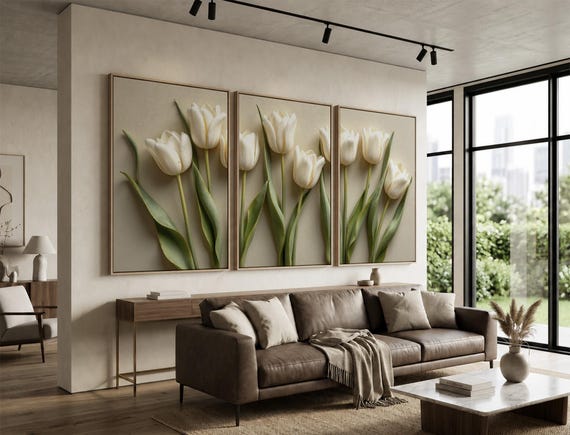 White Tulip Wall Art Set of 3 | Minimalist Botanical Canvas Prints on Neutral Beige Background | Elegant Floral Triptych for Modern Decor
