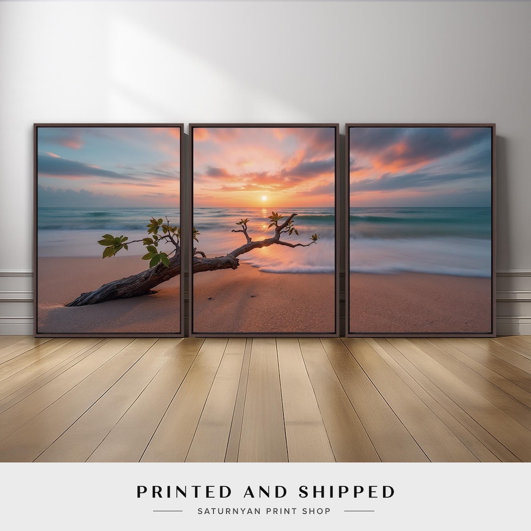 Beach Sunset Wall Art Set of 3 | Ocean Driftwood Canvas Prints, Calm ...