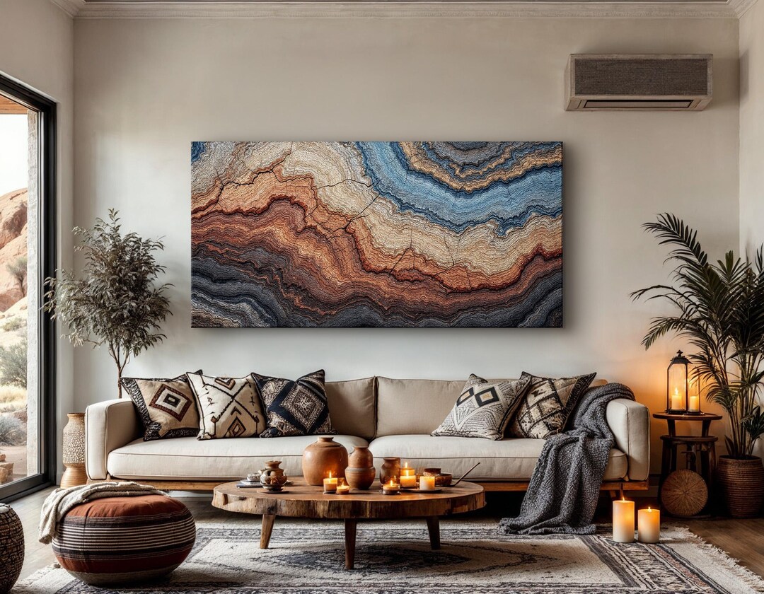 Abstract Geode Wall Art, Earth Tone Canvas Print With Blue, Beige