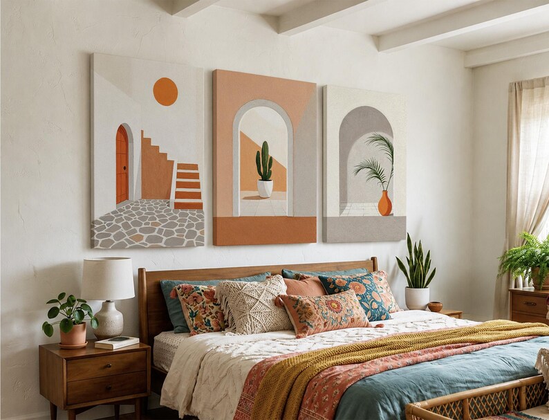 May include: A set of three rectangular canvas wall art prints featuring architectural scenes with arches, stairs, a potted cactus, and a palm plant in a color palette of terracotta, white, gray, and orange, displayed above a wooden bed frame.