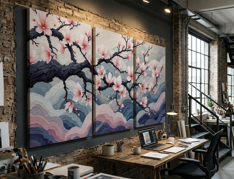 Japanese Cherry Blossom Wall Art Set, Sakura Tree Wall Decor, Elegant Floral Triptych, Zen Meditation Art, Soft Pink Nature Canvas Print bild 10