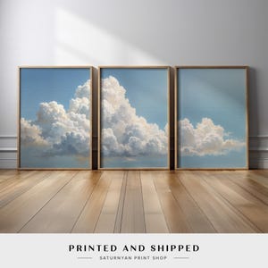 Soft Cloud Wall Art Set of 3 | Sky Blue Triptych with Fluffy Clouds | Calming Minimalist Landscape Canvas Prints for Bedroom Nursery Decor
