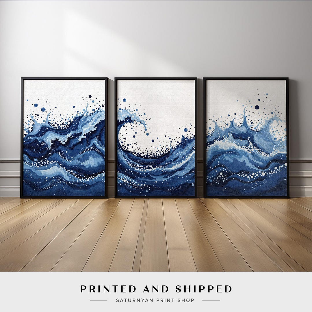 Abstract Ocean Wave Wall Art Set of 3 | Blue Sea Triptych Canvas Prints ...