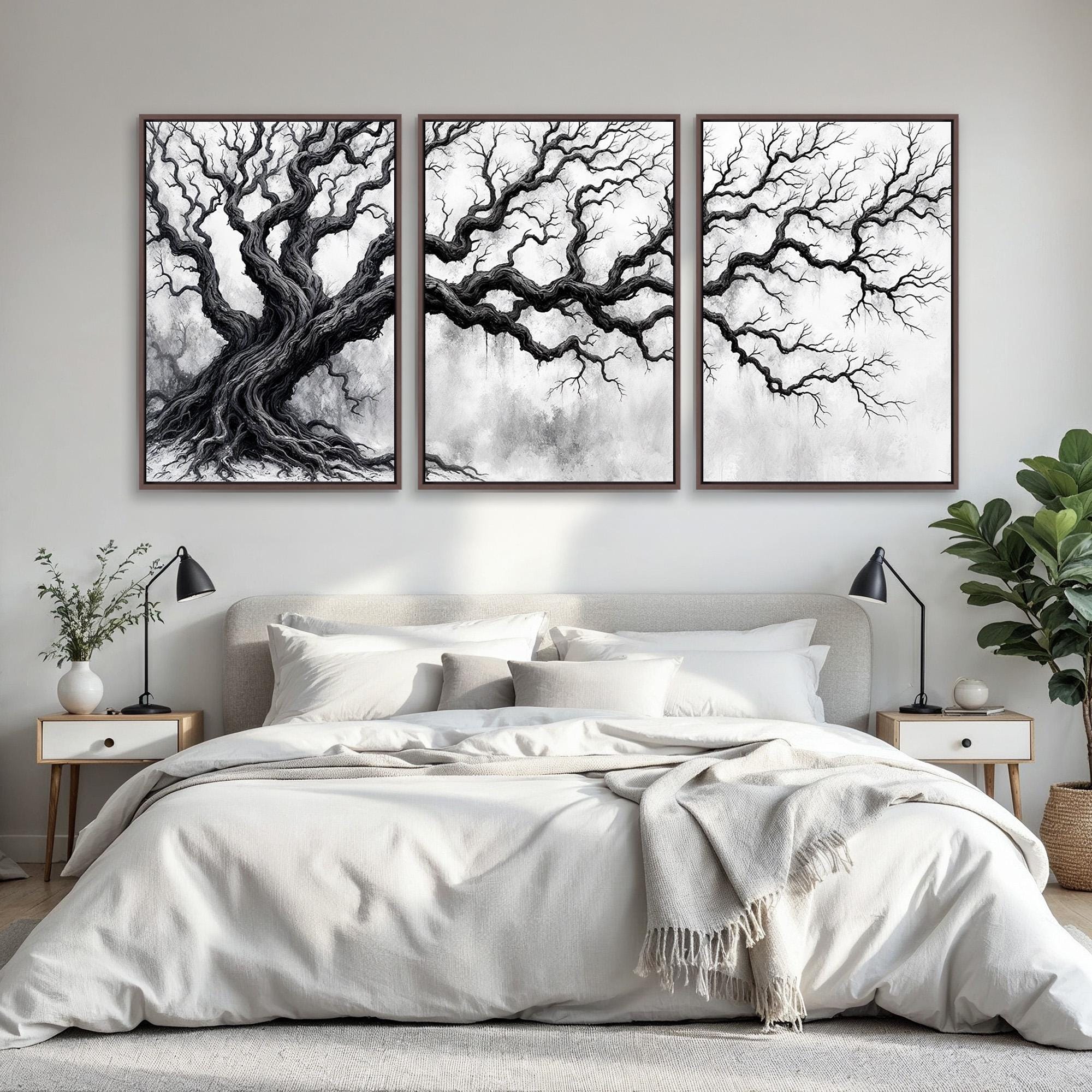 Black and White Tree Wall Art Set of 3 | Twisted Branch Ink Sketch ...