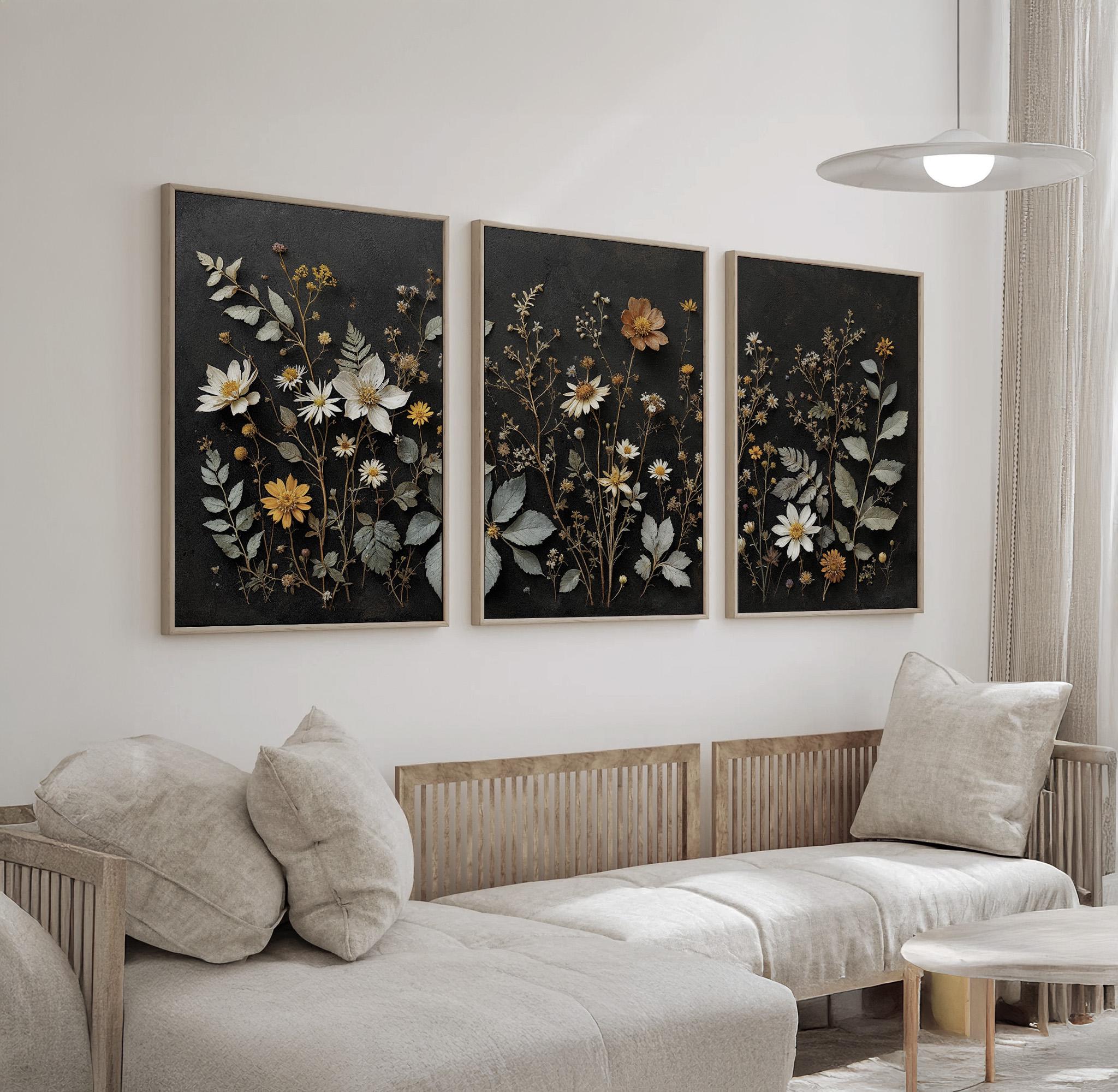 Botanical Triptych Wall Art Set of 3 | Dark Background Floral Canvas ...