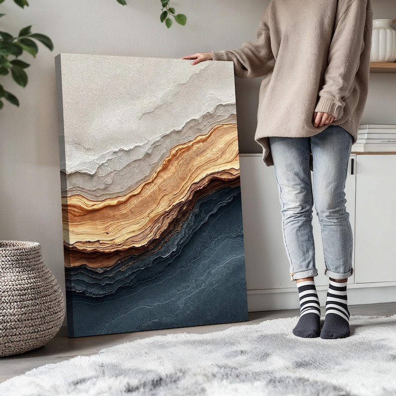 Ocean Wave Inspired Wall Art Set | Layered Neutral Beige and Blue ...