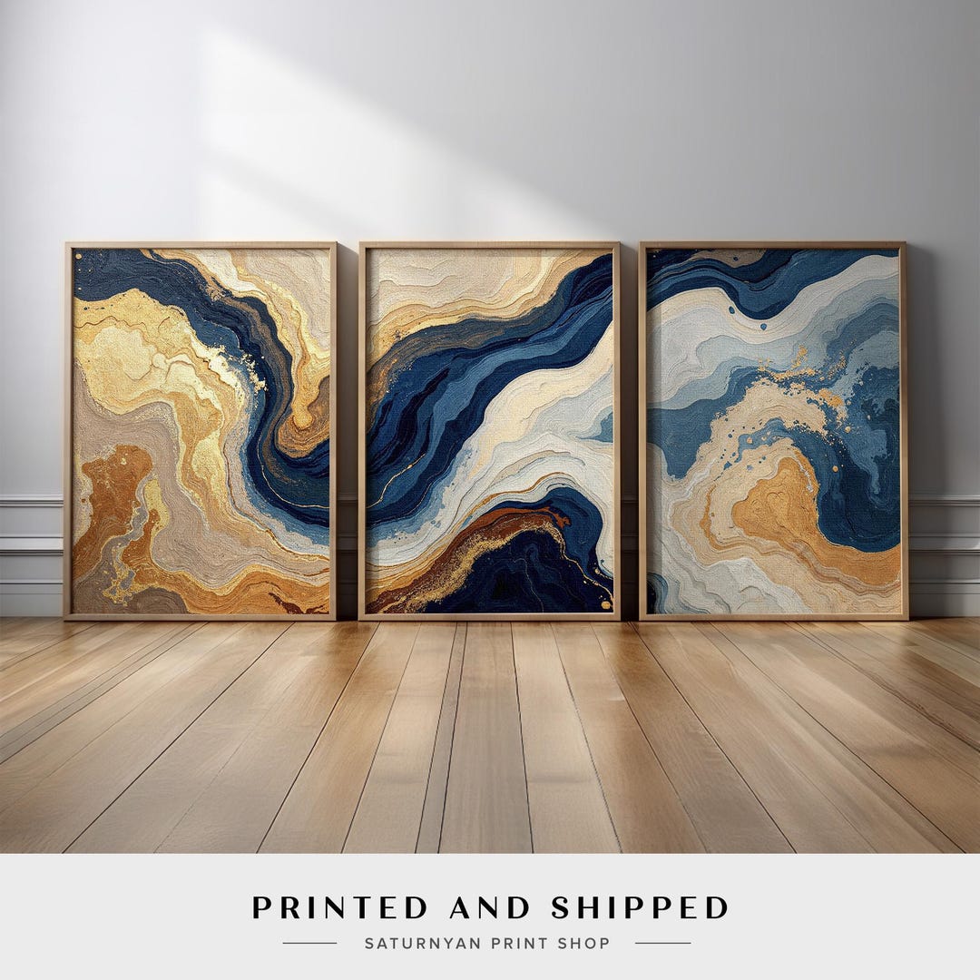 Blue and Gold Abstract Wall Art Set of 3 | Modern Luxury Triptych in ...