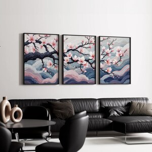 Japanese Cherry Blossom Wall Art Set, Sakura Tree Wall Decor, Elegant Floral Triptych, Zen Meditation Art, Soft Pink Nature Canvas Print bild 13