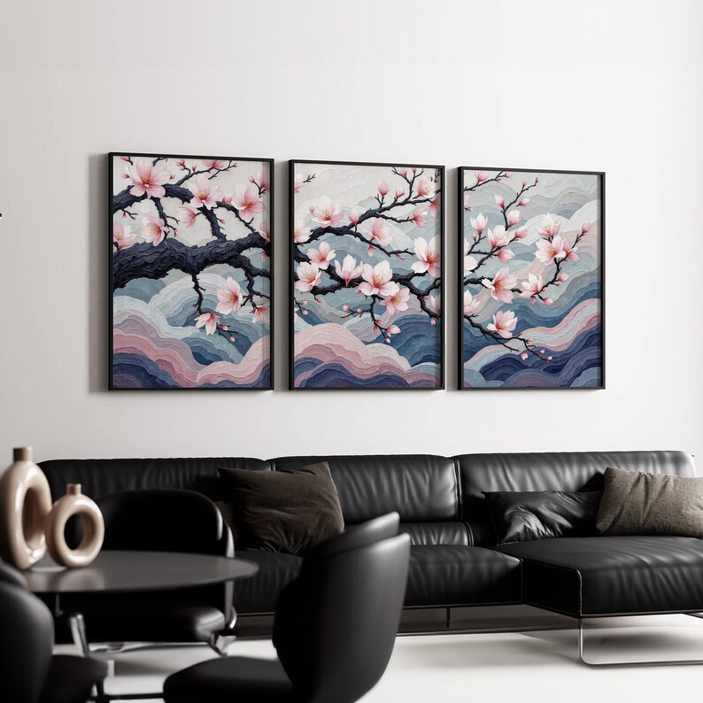Japanese Cherry Blossom Wall Art Set, Sakura Tree Wall Decor, Elegant Floral Triptych, Zen Meditation Art, Soft Pink Nature Canvas Print bild 13
