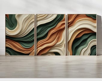 Abstract Wall Art Set of 3 | Nature-Inspired Earthy Green, Beige, and Brown Layered Wavy | Neutral Tones Patterns for Modern Décor
