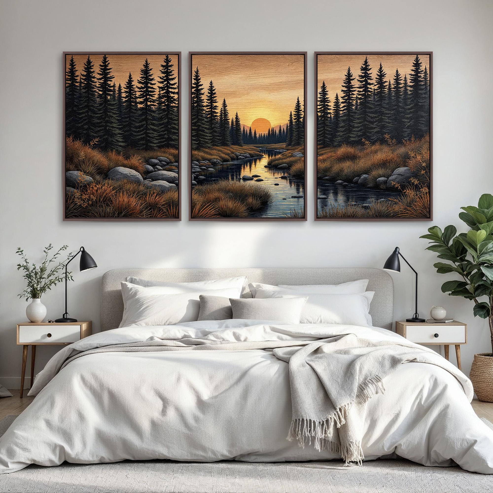 Rustic Pine Tree Landscape Triptych | Sunset River Wall Art Set of 3 ...