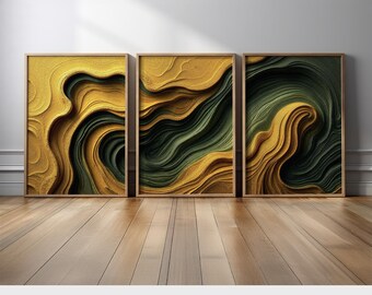 Earth Tone Abstract Set of 3 Wall Art | Mustard Gold and Green Landscape Canvas Prints | Minimal Modern Boho Geometric Home Decor Set