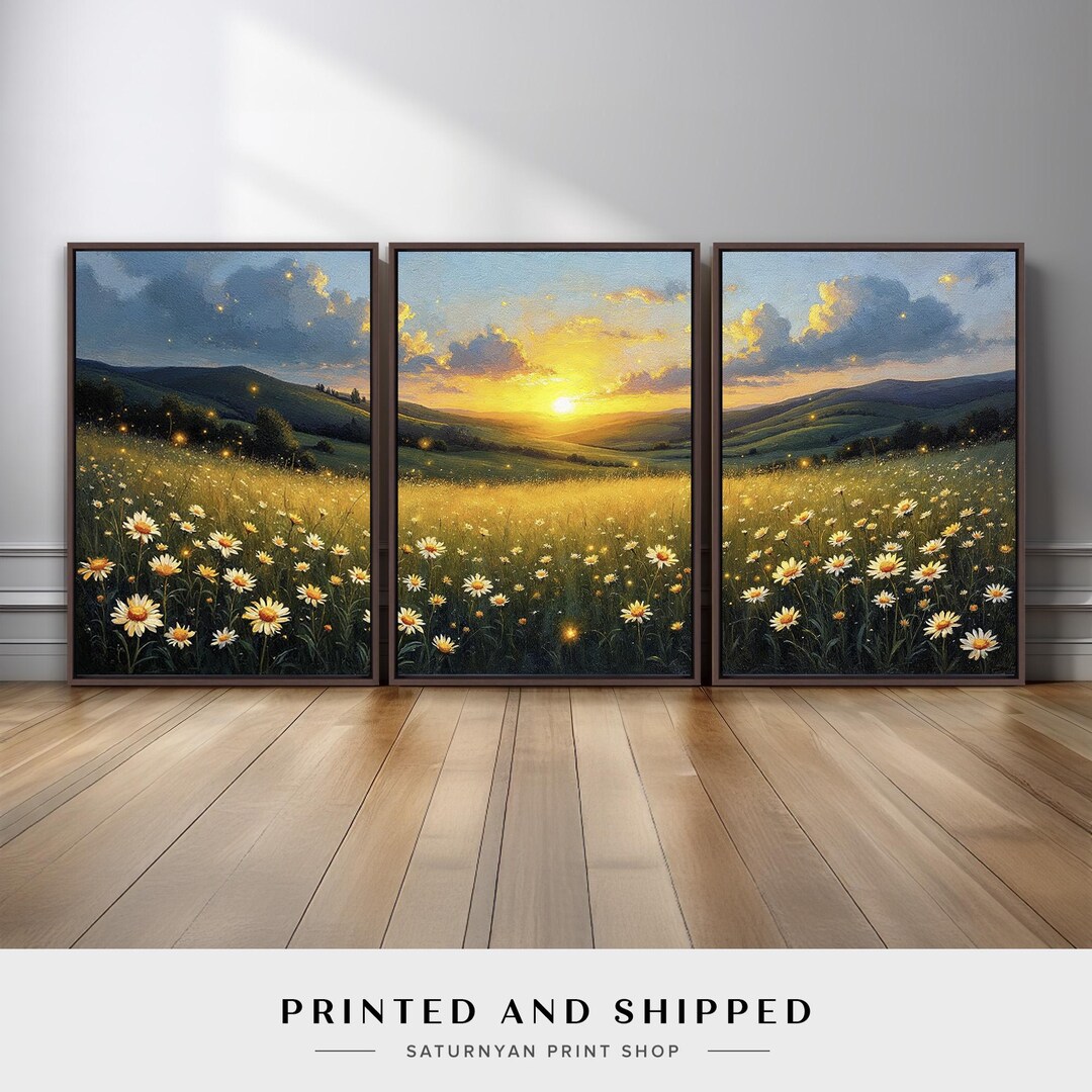 Golden Sunset Meadow Wall Art Set of 3 | Daisy Field Wildflower ...