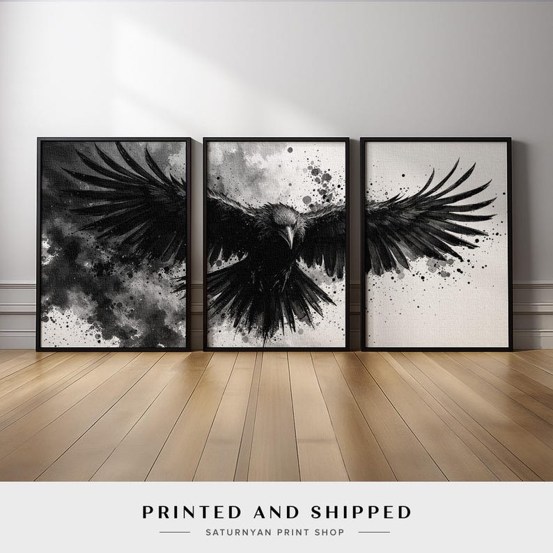Raven Wall Art Set of 3 | Black and White Ink Splash Canvas Prints with Crow Wings Spread | Gothic Abstract Triptych for Modern Decor image 5