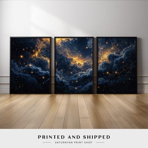 Celestial Night Sky Triptych Wall Art | Cosmic Cloud and Star Set of 3 Canvas Prints with Deep Blue and Gold Glow | Dreamy Wall Decor
