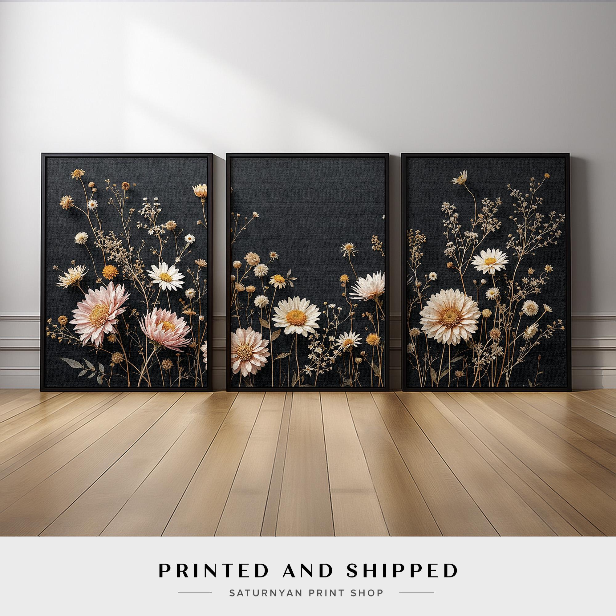 Wildflower Daisy Wall Art Set of 3 | Neutral Botanical Canvas Prints on ...
