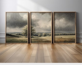 Vintage Countryside Landscape Wall Art | Set of 3 Canvas Prints with Sky and Fields | Rustic Decor for Modern Interiors