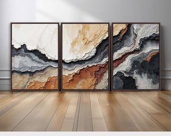 Abstract Wall Art Set of 3 | Geological Patterns Triptych Canvas Prints in Earth Tones | Modern Rustic Neutral Decor