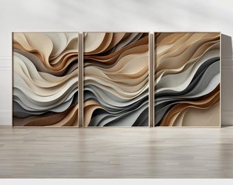 Neutral Toned Flowing Abstract Art Set of 3 | Beige, Brown, and Grey Layered Wall Decor for Elegant Modern and Rustic Home Design