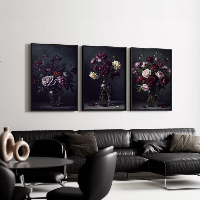 Dark Moody Floral Wall Art Set of 3 | Vintage Botanical Still Life ...