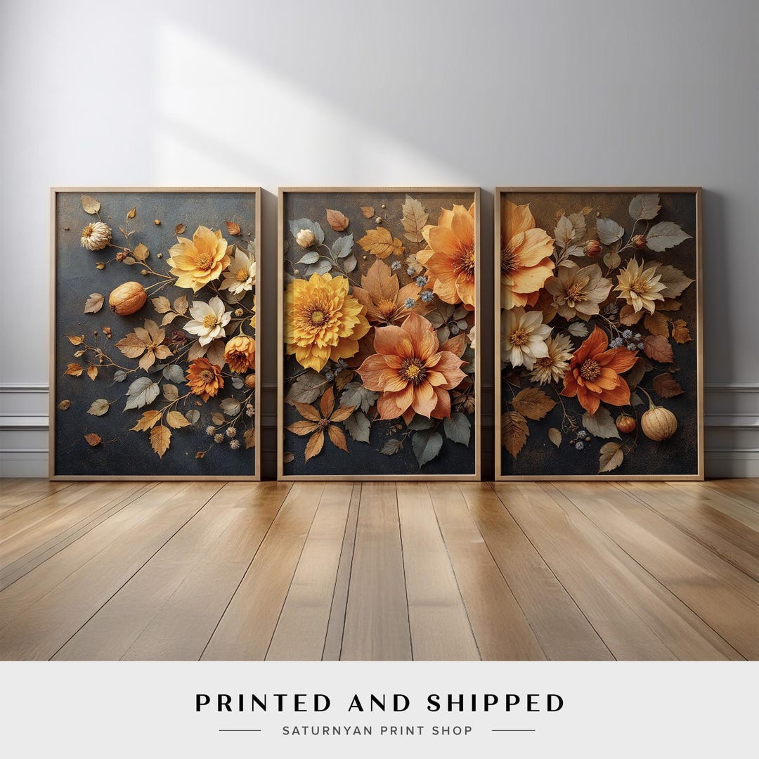 Rustic Autumn Flower Wall Art Set of 3 | Seasonal Floral Canvas Prints ...