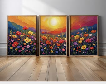 Sunrise Wildflower Meadow Canvas Prints | Vibrant Red Yellow Orange Flowers Wall Art | Colorful Mountain Landscape | Modern Nature Decor