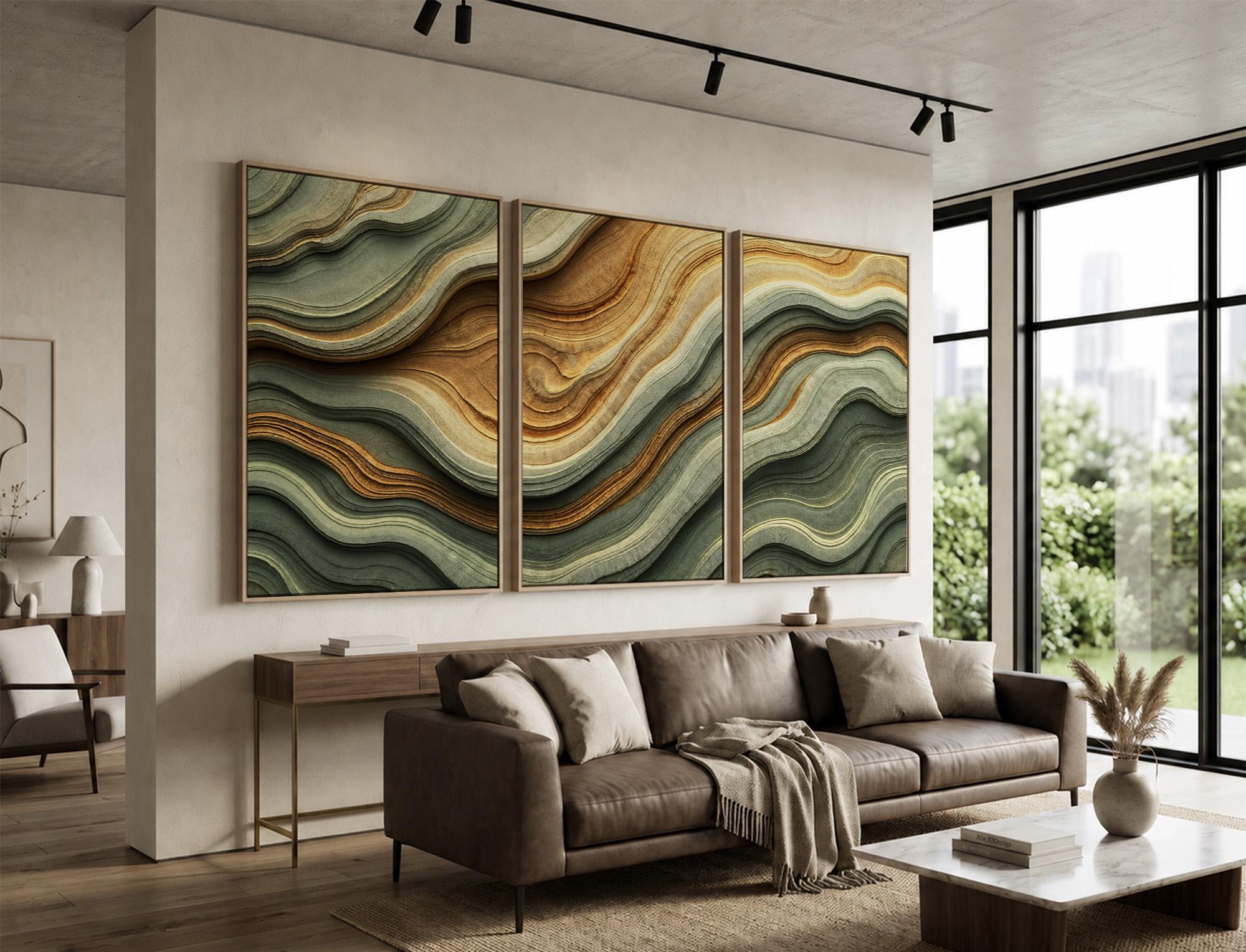 Earth Tone Abstract Wall Art Set of 3 | Modern Sage Green and