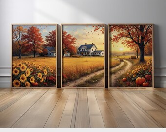 May include: A set of three framed autumn landscape paintings. The paintings depict a country road leading to a farmhouse with a field of sunflowers and pumpkins in the foreground. The trees are in shades of red, orange, and yellow.