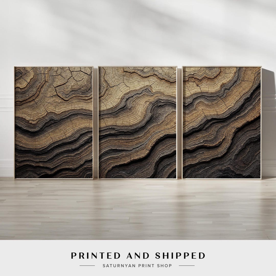 Rustic Abstract Brown and Black Wall Art Set of 3 | Geometric Triptych ...