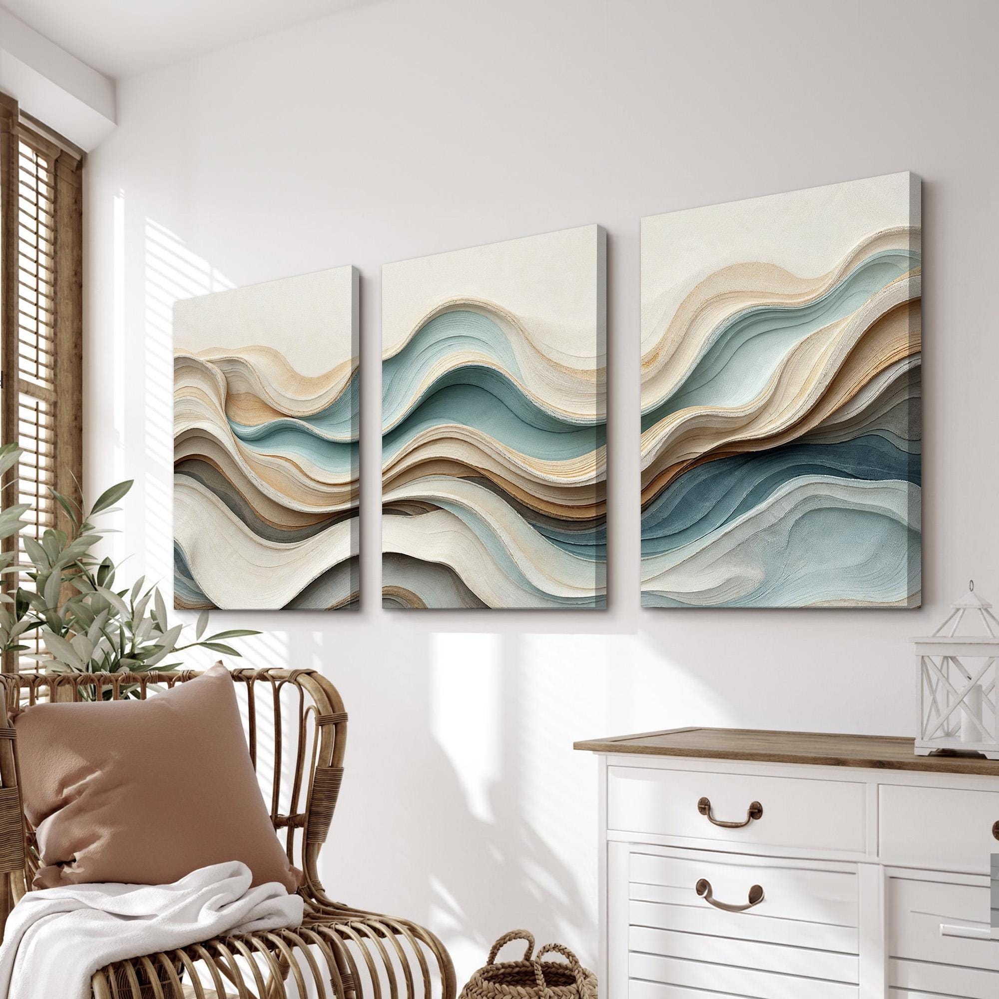 Neutral Abstract Wave Wall Art Triptych | Set of 3 Canvas Prints in ...