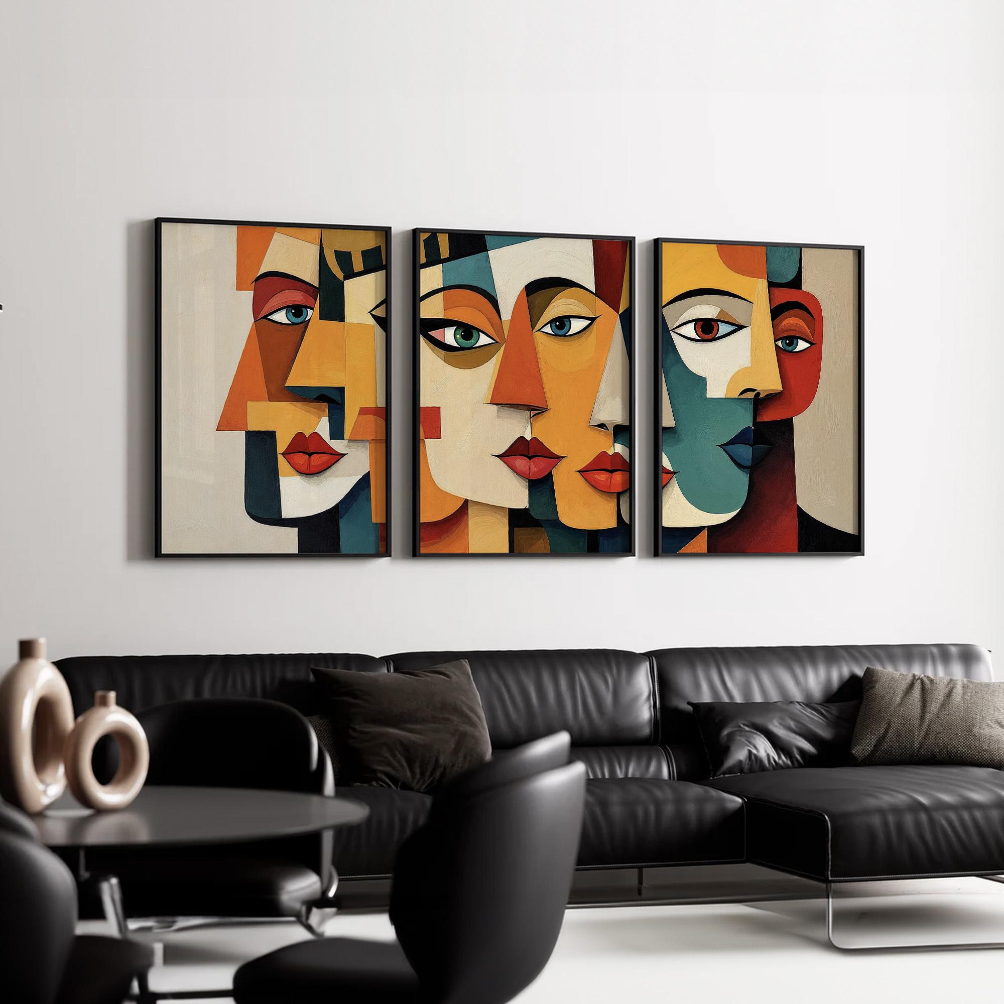 Abstract Face Wall Art Set of 3 | Modern Cubist Portrait Canvas Prints ...