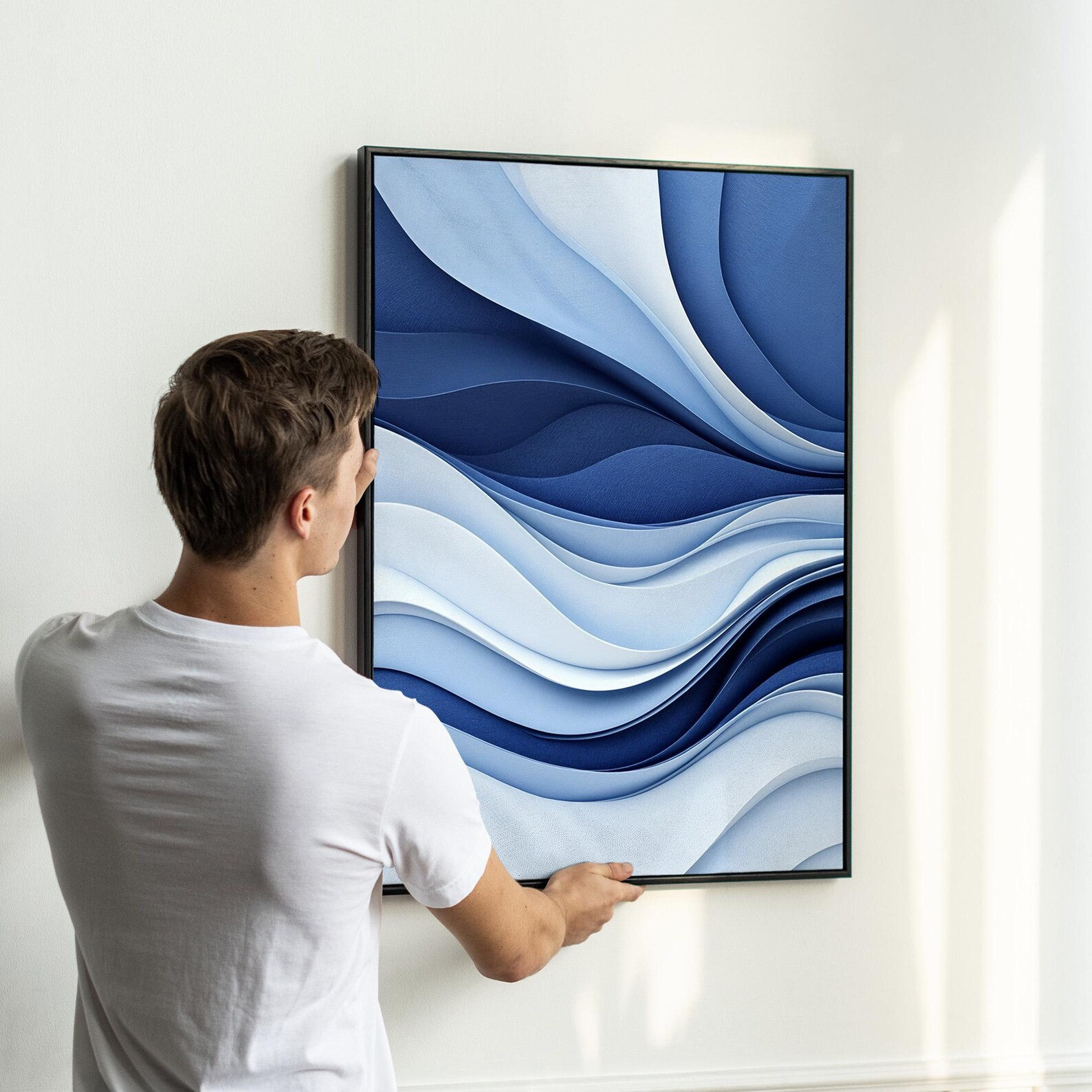 Abstract Ocean Wave Wall Art Set of 3 | Navy Blue White Canvas Prints ...