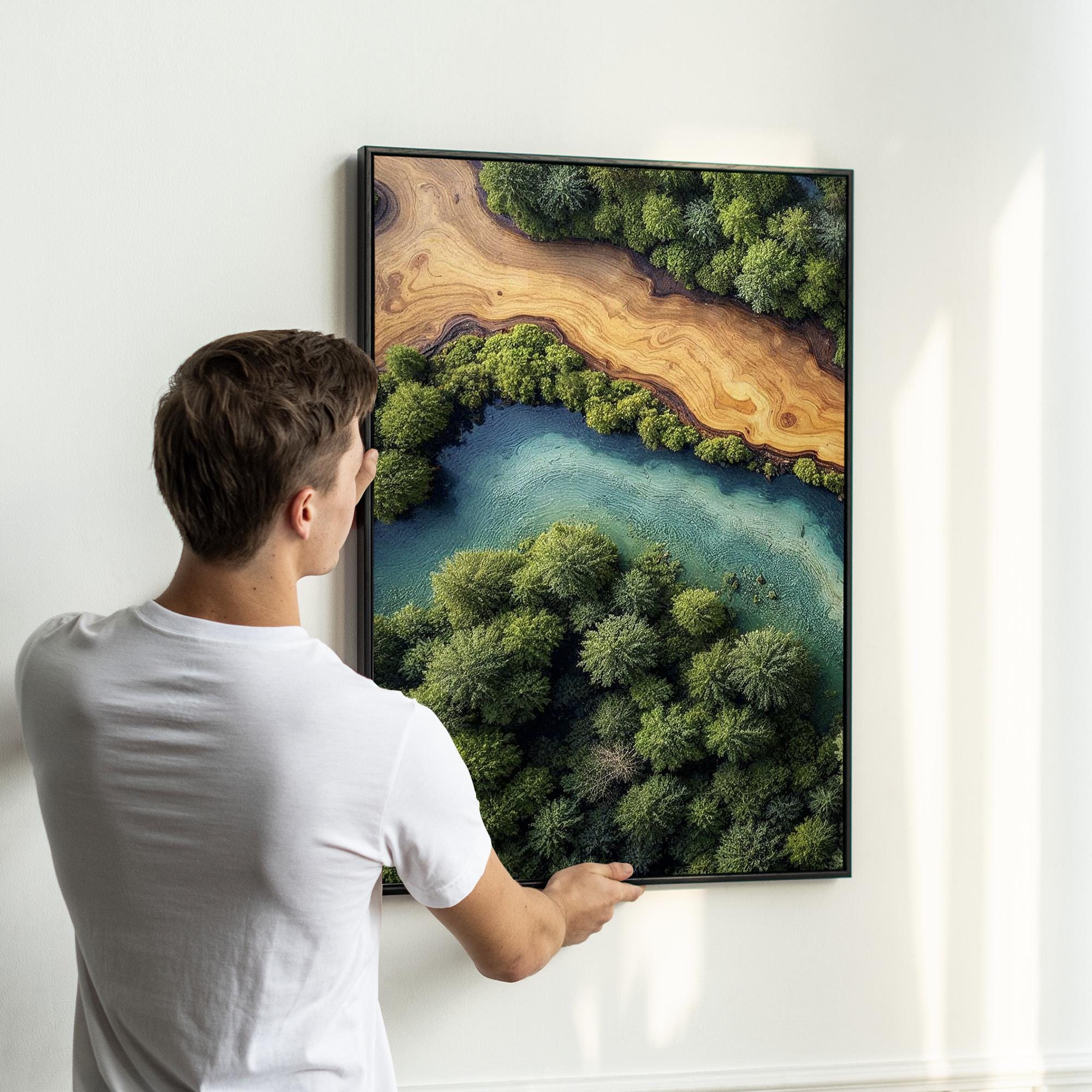 Aerial Forest River Wall Art Set of 3 | Green Tree and Blue Water ...