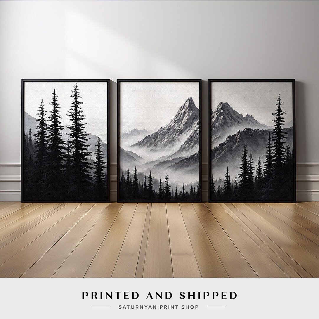 Black and White Mountain Wall Art Set of 3 | Misty Pine Tree Landscape ...