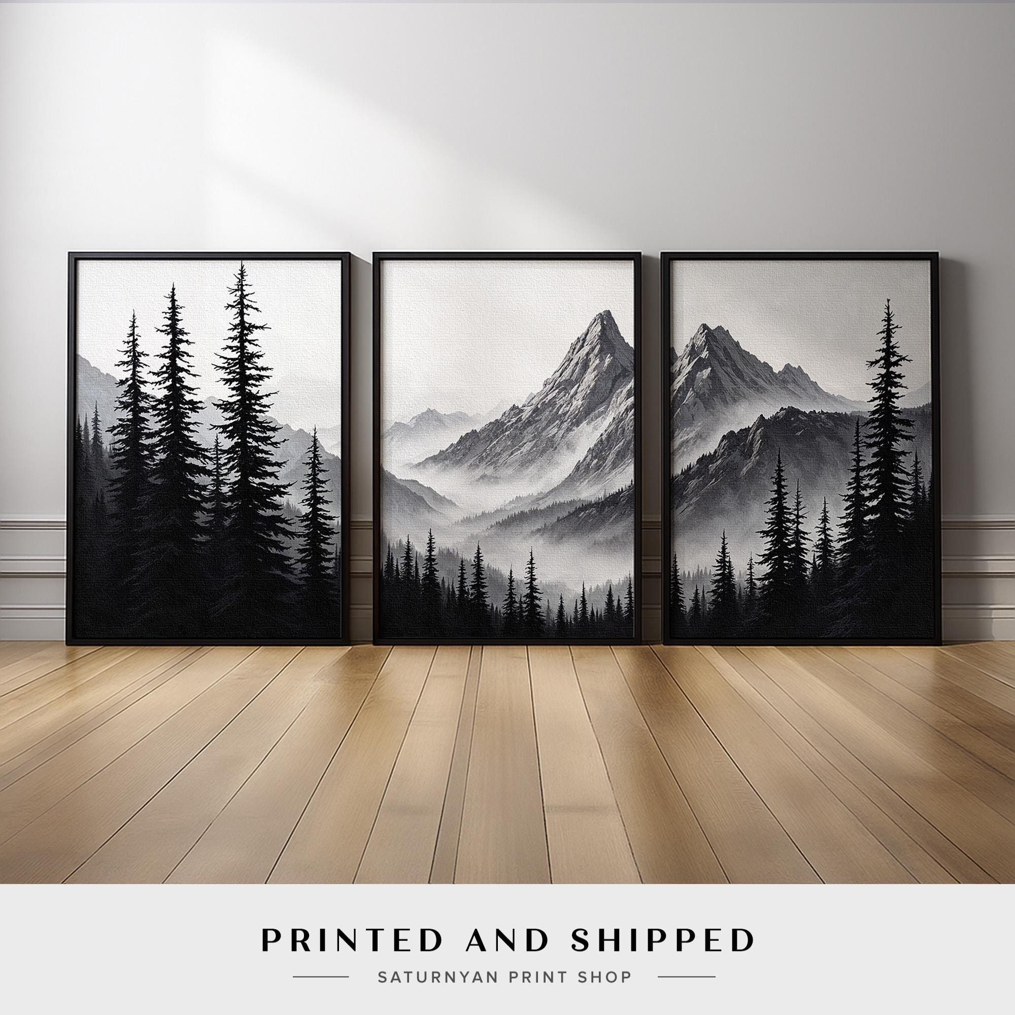 Black and White Mountain Wall Art Set of 3 | Misty Pine Tree
