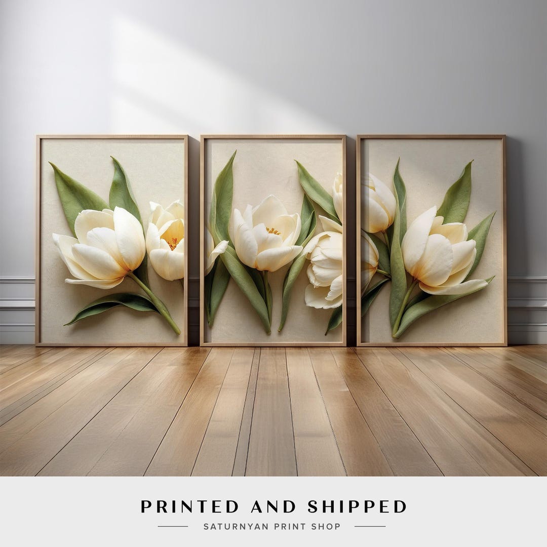 Minimalist White Tulip Canvas Wall Art | Set of 3 Modern Botanical ...