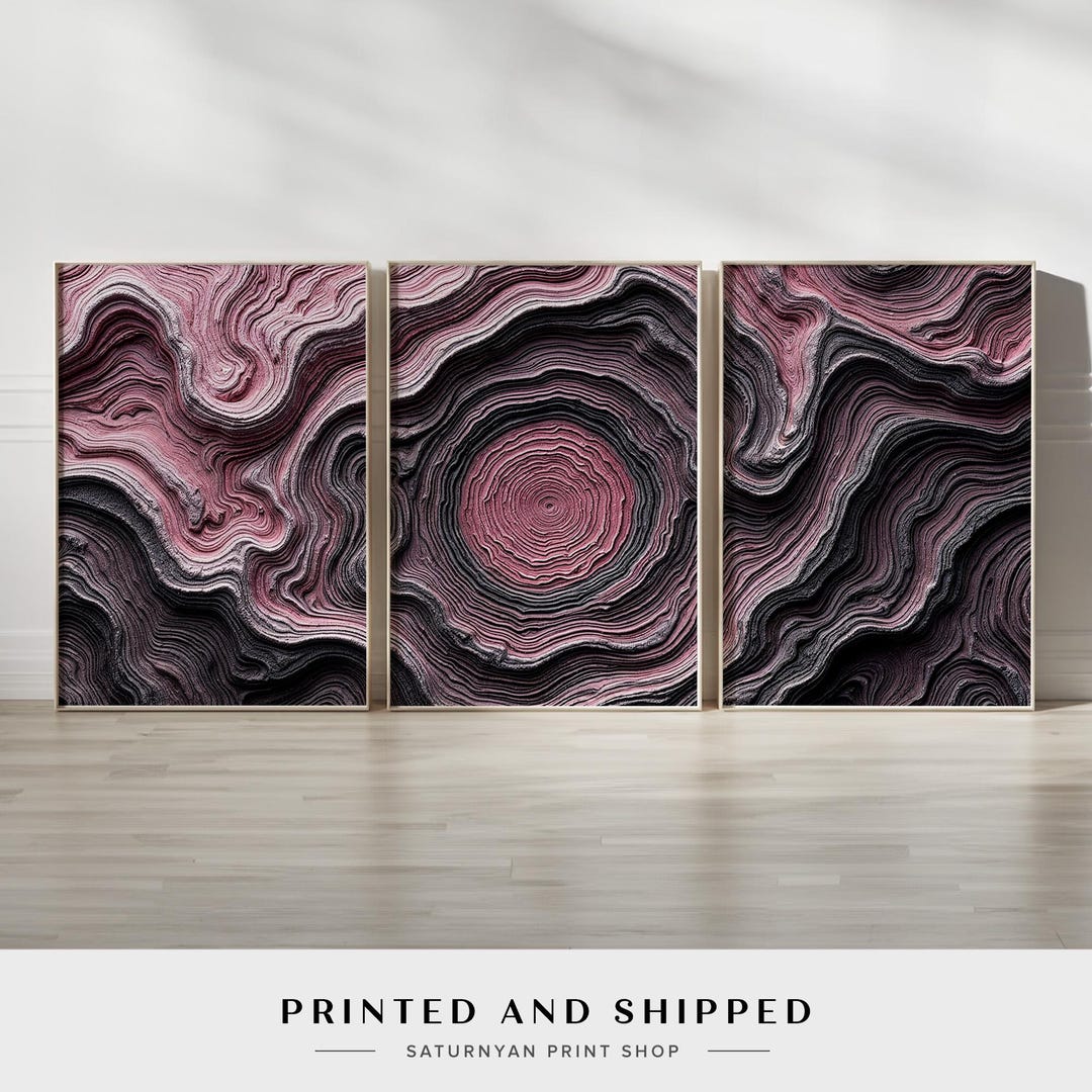 Abstract Pink and Black Wall Art Set of 3 | nature-inspired Patterns ...