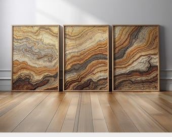 Earthy Abstract Wall Art Set of 3 | Neutral Geological Triptych Inspired by Natural Stone Strata | Modern Organic Wall Decor