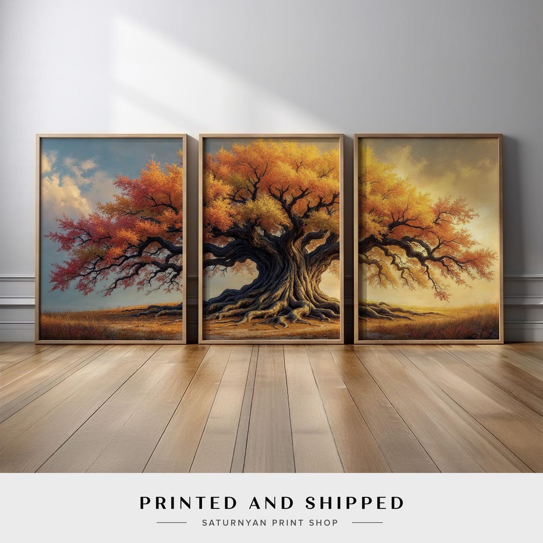 Rustic Autumn Tree Wall Art Triptych | Golden and Orange Foliage Canvas ...