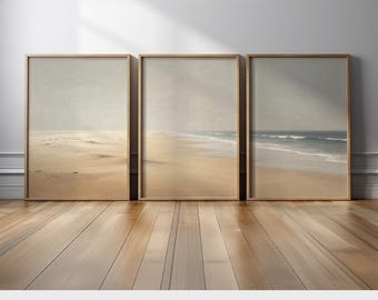 Minimalist Coastal Beach Wall Art Set of 3 | Neutral Triptych Canvas Prints | Japandi Ocean Seascape Artwork with Beige Sand and Waves