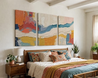 Colorful Abstract Wall Art Triptych | Modern Layered Canvas Prints in Orange, Red, Blue Yellow Neutral Tones | Large Contemporary Art